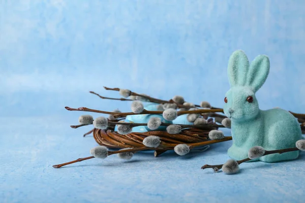 Willow Branches Nest Painted Eggs Easter Bunny Blue Background — Stock Photo, Image
