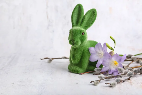 Willow Branches Flowers Easter Bunny Light Background — Stock Photo, Image