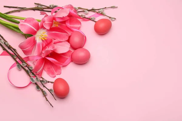 Willow Branches Flowers Painted Easter Eggs Pink Background — Stock Photo, Image