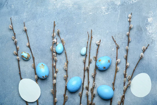 Fűzfaágak Üres Kártyák Festett Húsvéti Tojás Kék Alapon — Stock Fotó