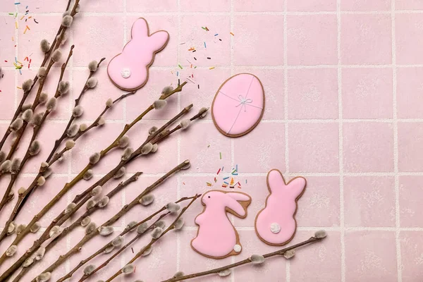Willow Branches Easter Cookies Pink Tile Background — Stock Photo, Image