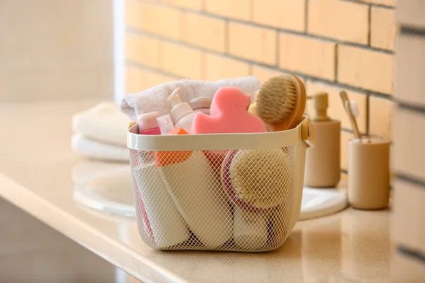 Basket Different Cosmetic Products Bath Supplies Table Bathroom — Stock Photo, Image