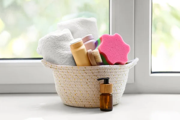 Basket Different Bath Accessories Cosmetics Windowsill — Stock Photo, Image