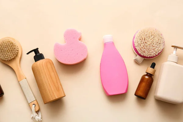 Bottles Cosmetic Products Bath Accessories Color Background — Stock Photo, Image