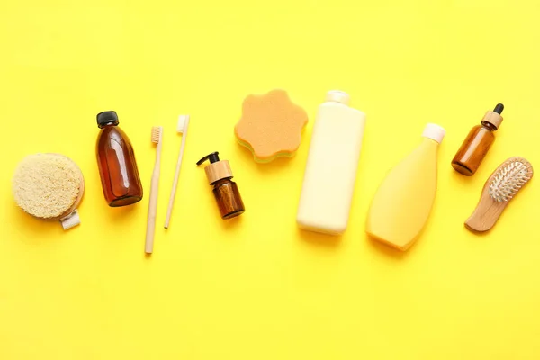 Different Cosmetic Products Bath Accessories Yellow Background — Stock Photo, Image