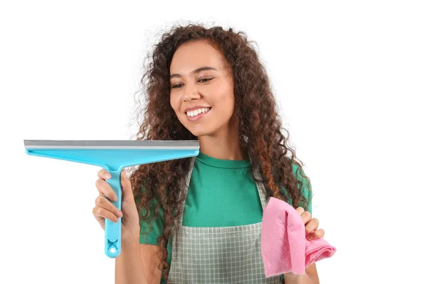 African American Female Worker Cleaning Service Squeegee Rag White Background — Stock Photo, Image