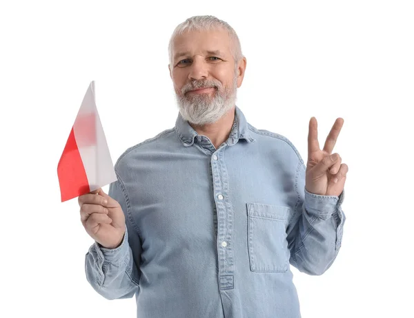 Volwassen Man Met Vlag Van Polen Met Overwinningsgebaar Witte Achtergrond — Stockfoto