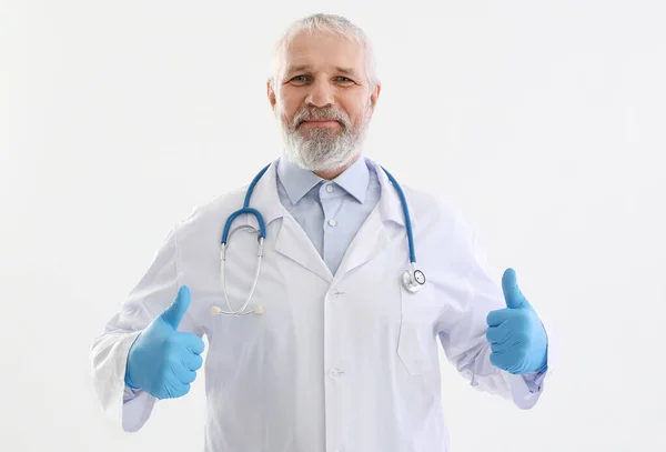 Mature Male Doctor Stethoscope Showing Thumbs White Background — Stock Photo, Image