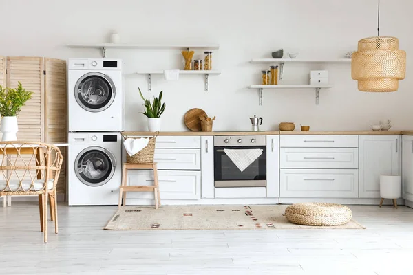 Interior Light Kitchen Washing Machines White Counters Shelves — Stock Photo, Image