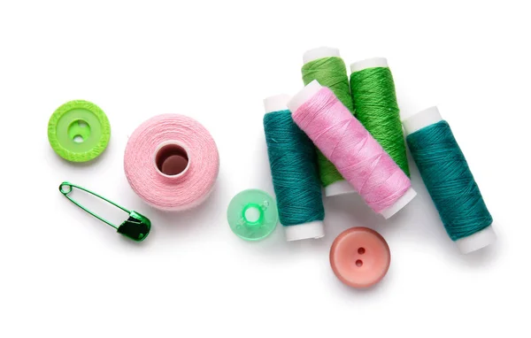 Thread Spools Buttons Pin White Background — Stock Photo, Image