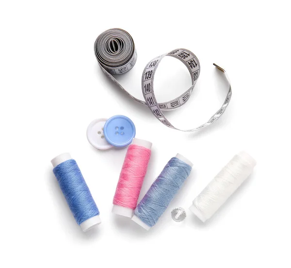 Thread Spools Measuring Tape Button White Background — Stock Photo, Image