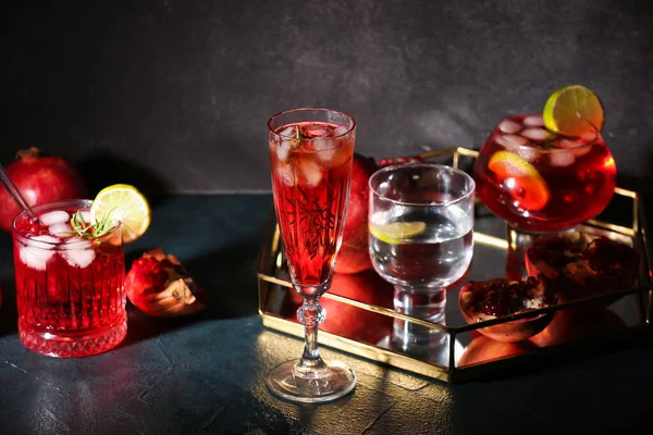 Glasses Tasty Pomegranate Cocktail Black Background — Stock Photo, Image