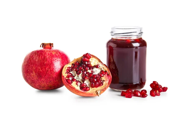 Jar Pomegranate Molasses Fresh Fruits White Background — Stock Photo, Image