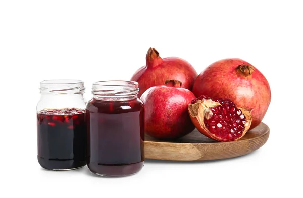 Jars Pomegranate Molasses Fresh Fruits White Background — Stock Photo, Image
