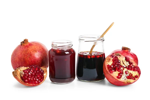 Jars Pomegranate Molasses Fresh Fruits White Background — Stock Photo, Image