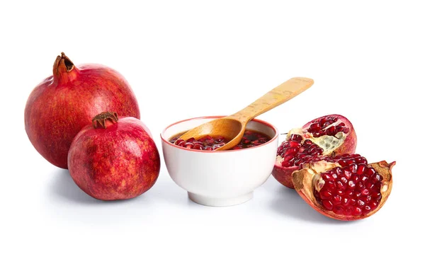 Bowl Pomegranate Molasses Fresh Fruits White Background — Stock Photo, Image