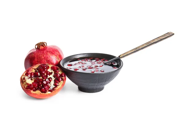Bowl Pomegranate Molasses Fresh Fruits White Background — Stock Photo, Image