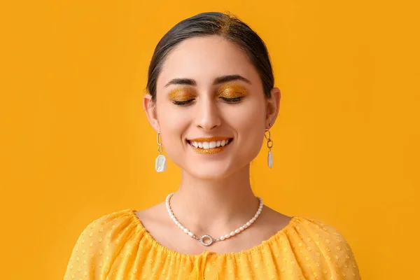 Attractive Young Woman Unusual Shiny Makeup Yellow Background — Stock Photo, Image