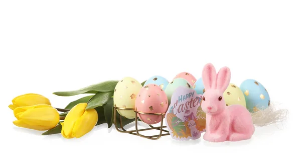 Пасхальные Яйца Цветы Кролика Тюльпана Белом Фоне — стоковое фото