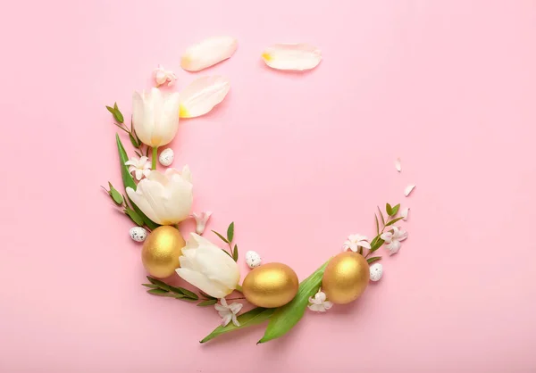 Stylish Wreath Golden Easter Eggs Tulip Flowers Pink Background — Stock Photo, Image