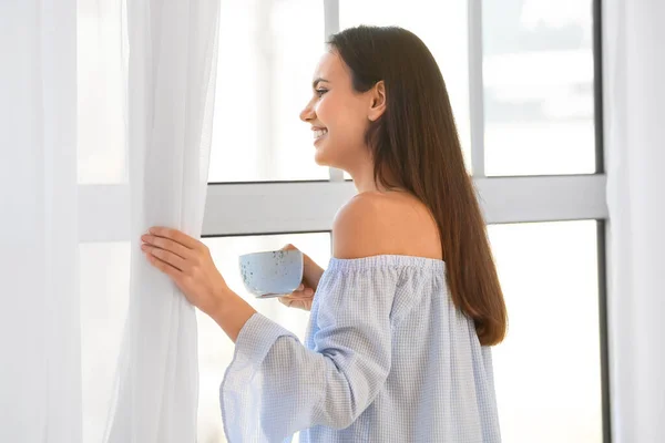 Morning Pretty Young Woman Drinking Tea Window — Stock Photo, Image