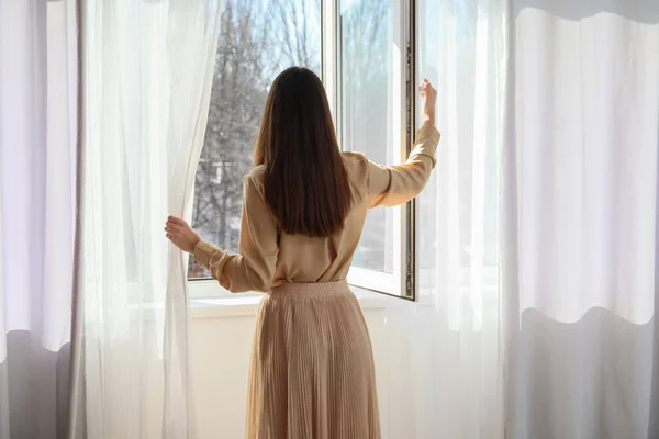 Pretty Young Woman Opening Window Room — Stock Photo, Image
