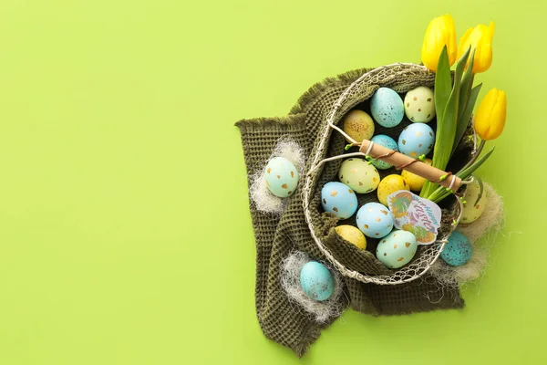 Basket Painted Easter Eggs Tulip Flowers Green Background — Stock Photo, Image