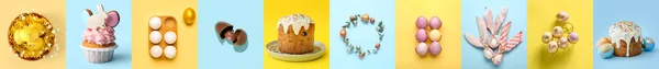 Kollázs Ízletes Húsvéti Sütemények Tojás Színes Háttér — Stock Fotó