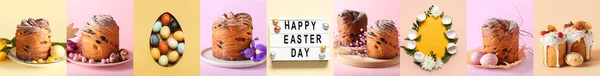 Collage Mit Leckeren Osterkuchen Und Eiern Auf Farbigem Hintergrund — Stockfoto