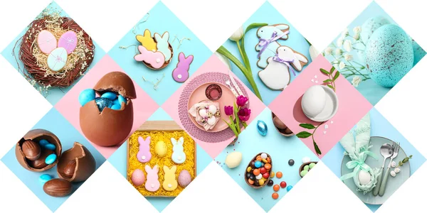 Collage Avec Savoureux Biscuits Pâques Œufs Bonbons Sur Fond Blanc — Photo