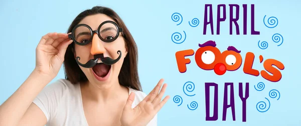 Young Woman Funny Disguise Blue Background April Fools Day Celebration — Stock Photo, Image