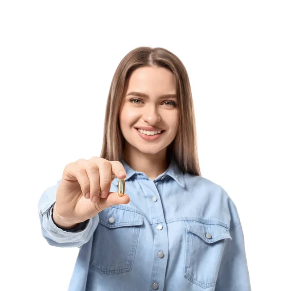 Ung Kvinna Med Hälsosam Fiskolja Piller Vit Bakgrund — Stockfoto