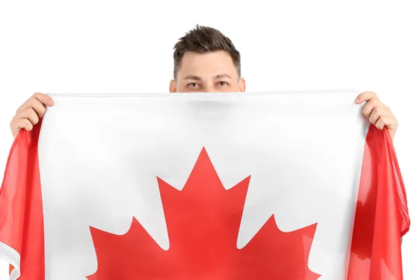 Joven Feliz Con Bandera Canadá Sobre Fondo Blanco — Foto de Stock