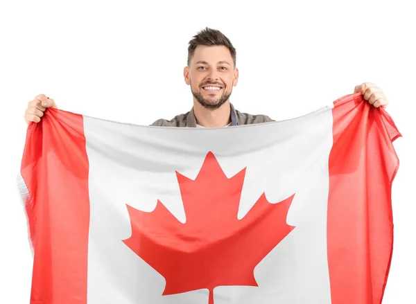 Gelukkige Jongeman Met Vlag Van Canada Witte Achtergrond — Stockfoto
