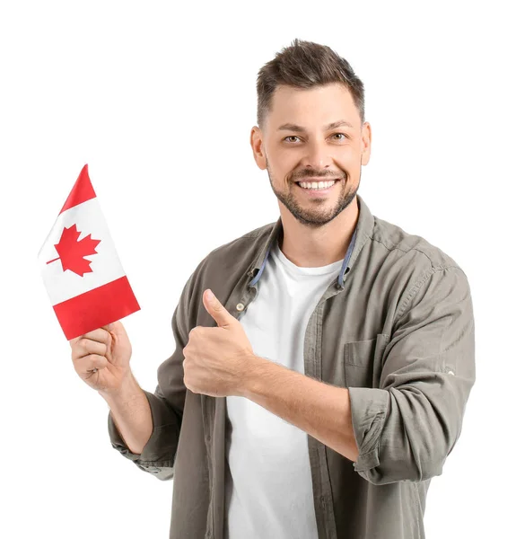 Joven Feliz Con Bandera Canadá Mostrando Pulgar Hacia Arriba Sobre — Foto de Stock