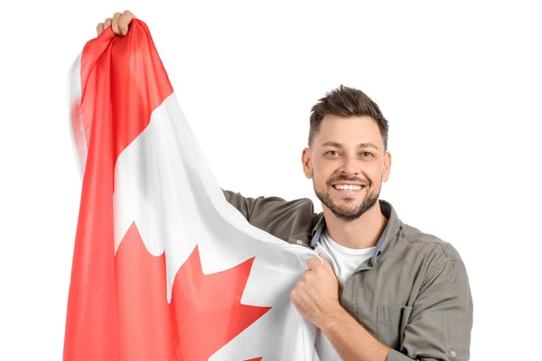 Joven Feliz Con Bandera Canadá Sobre Fondo Blanco — Foto de Stock