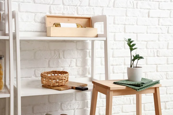 Modern Shelf Unit Kitchenware Stool White Brick Wall — Stock Photo, Image