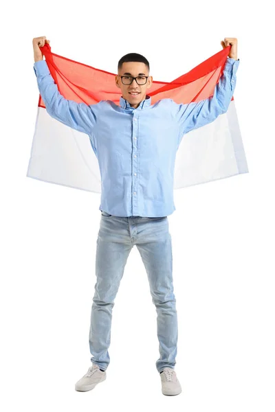 Jonge Aziatische Man Bril Met Vlag Van Indonesië Witte Achtergrond — Stockfoto