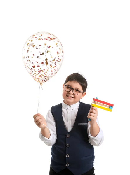 Little Jewish Boy Gragger Purim Holiday Balloon White Background — Stock Photo, Image
