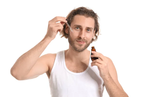 Young Man Using Serum Skin Care White Background — Stock Photo, Image