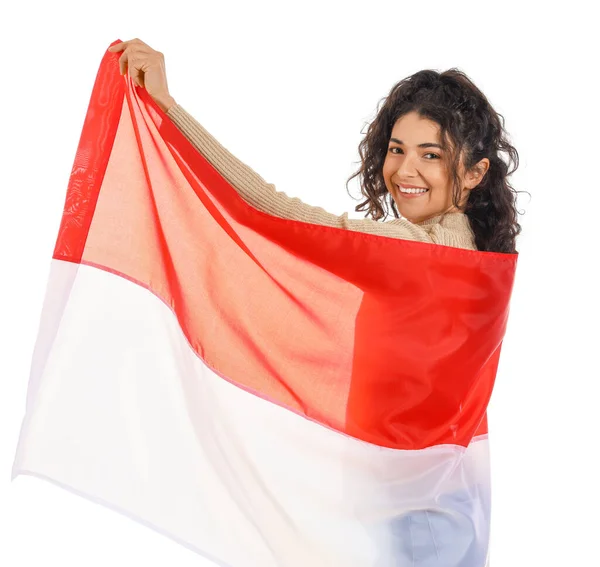 Smiling Asian Woman Holding Flag Indonesia White Background — Stok Foto