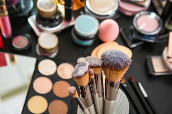 Closeup View Holder Different Makeup Brushes Table — Stock Photo, Image