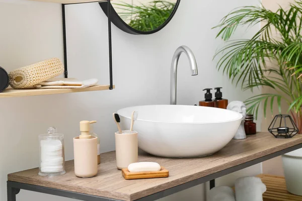 Bath Supplies Modern Sink Table Light Wall — Stock Photo, Image