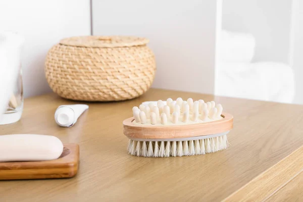 Body Massage Brush Wooden Table Bathroom — Stock Photo, Image