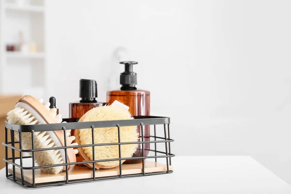 Basket Body Massage Brushes Bottles Cosmetic Products Table — Stock Photo, Image