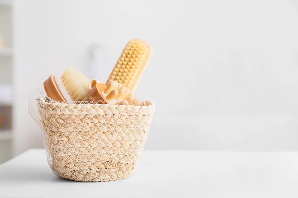 Basket Different Body Massage Brushes Table — Stock Photo, Image