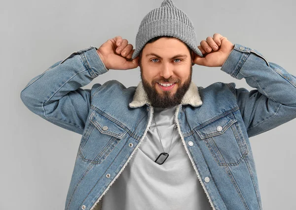 Stylish Bearded Man Grey Background — Stock Photo, Image