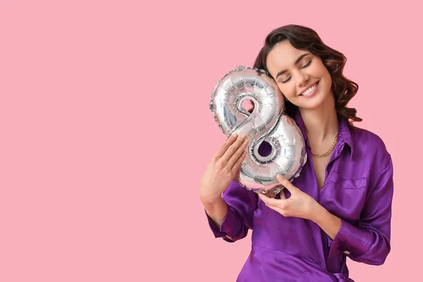 Smiling Young Woman Balloon Shape Figure Pink Background International Women — Stock Photo, Image