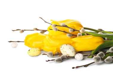 Painted Easter eggs, tulip flowers and pussy willow branches on white background, closeup