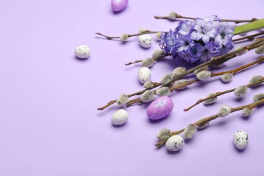 Pussy willow branches, painted Easter eggs and hyacinth flowers on lilac background